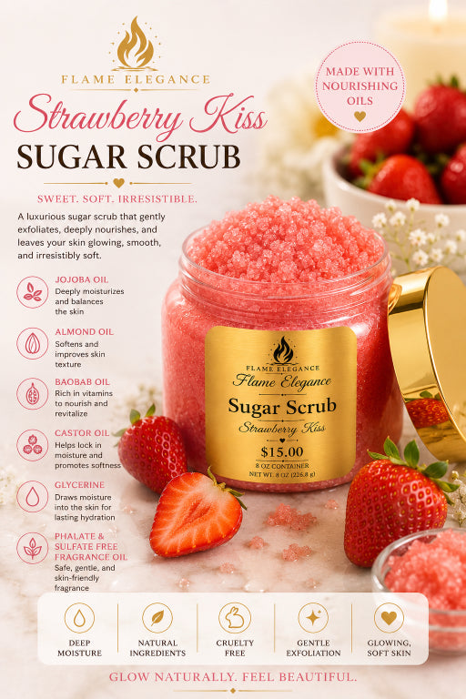 Strawberry Kiss Sugar Scrub packaging with strawberries and product details.