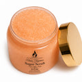 Opened Jar of sugar scrub with a gold lid on a white background by Flame Elegance scented with Sugar Plum