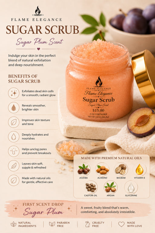 Flame Elegance Sugar Scrub with ingredients and benefits listed on a light background