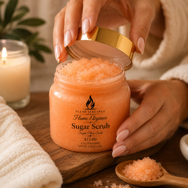 Jar of sugar scrub with a wooden spoonful of scrub and a candle in the background by Flame Elegance