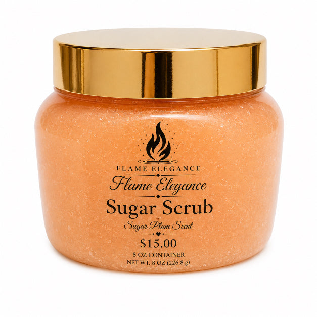 Jar of Flame Elegance Sugar Scrub with gold lid on a white background scented with Sugar Plum