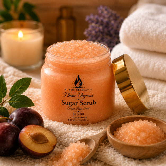 Luxurious Jar of sugar scrub with a gold lid on a textured surface with plums and a candle in the background by Flame Elegance