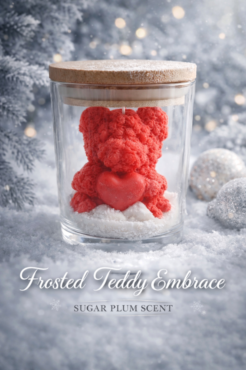 Red teddy bear in a glass jar with wooden lid on a snowy background, labeled 'Frosted Teddy Embrace Sugar Plum Scent'.