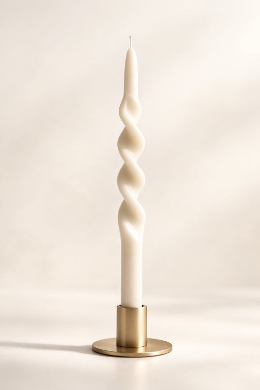 Twisted spiral ivory unscented candle. Handcrafted soy wax ideal for modern decor, weddings, and table settings. 
