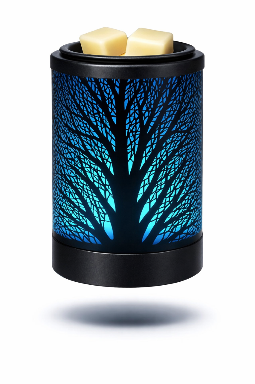 A black wax warmer with a tree design on a white background