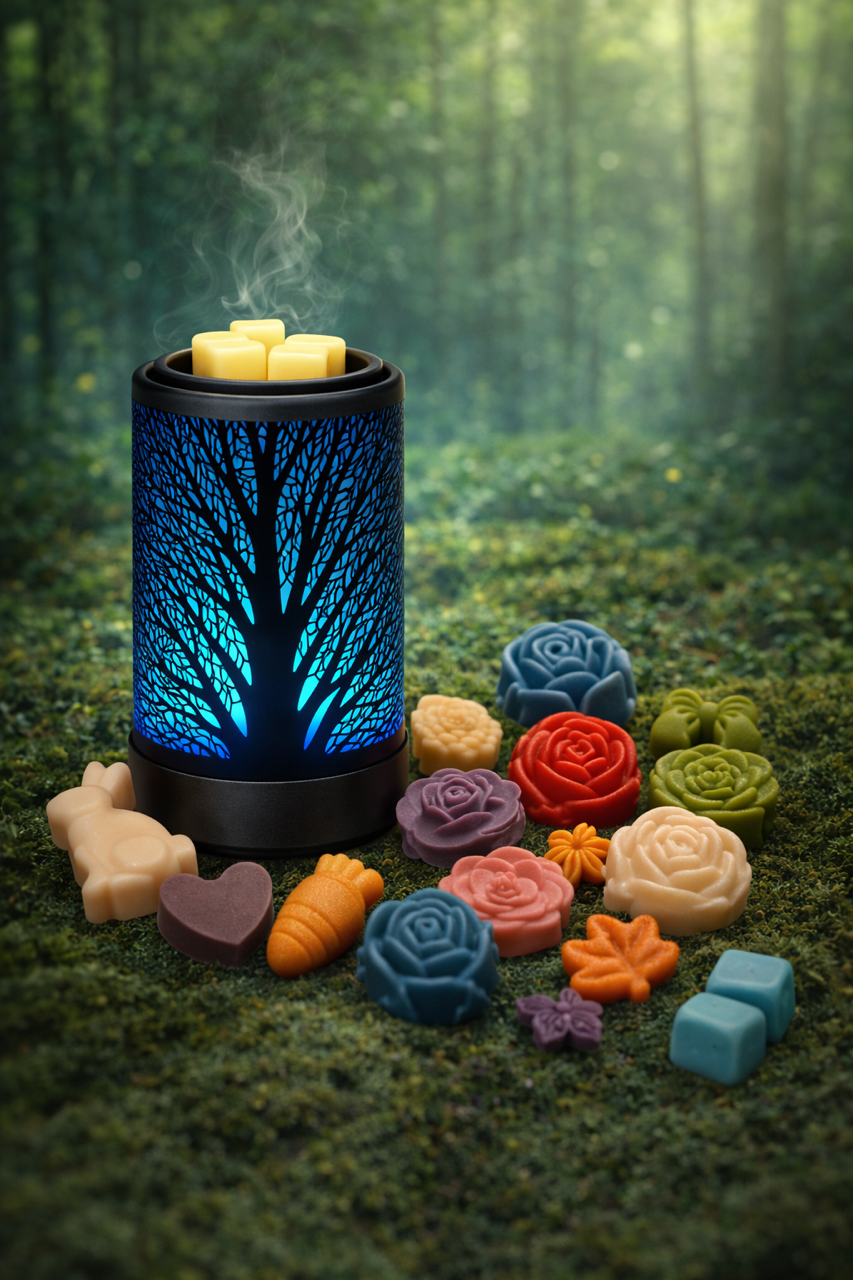 Aromatherapy diffuser with colorful floral-shaped candles on a forest floor.