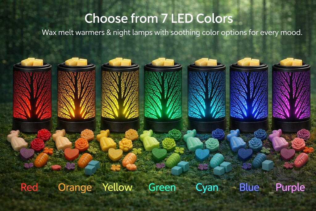 Wax melt warmers and night lamps with 7 LED color options on a grassy background.