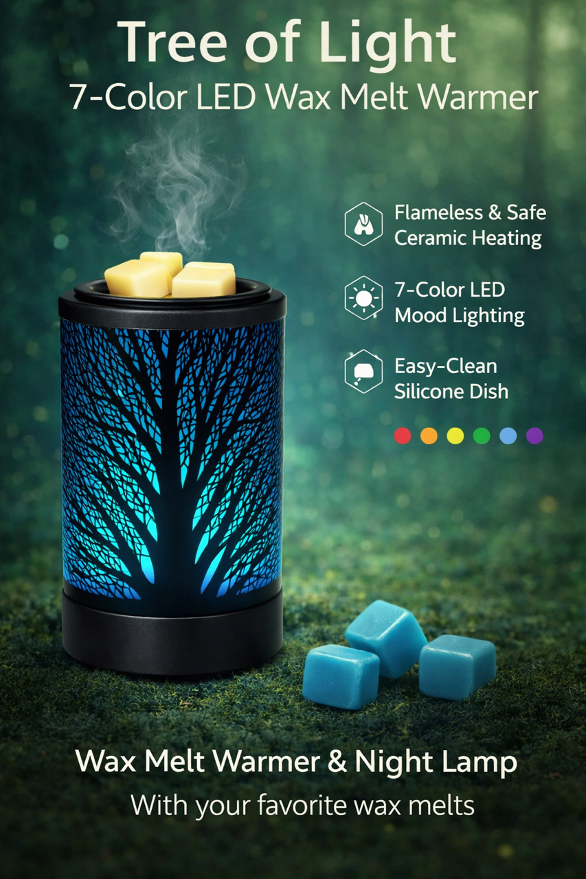 Tree of Light 7-Color LED Wax Melt Warmer with wax melts on a dark background