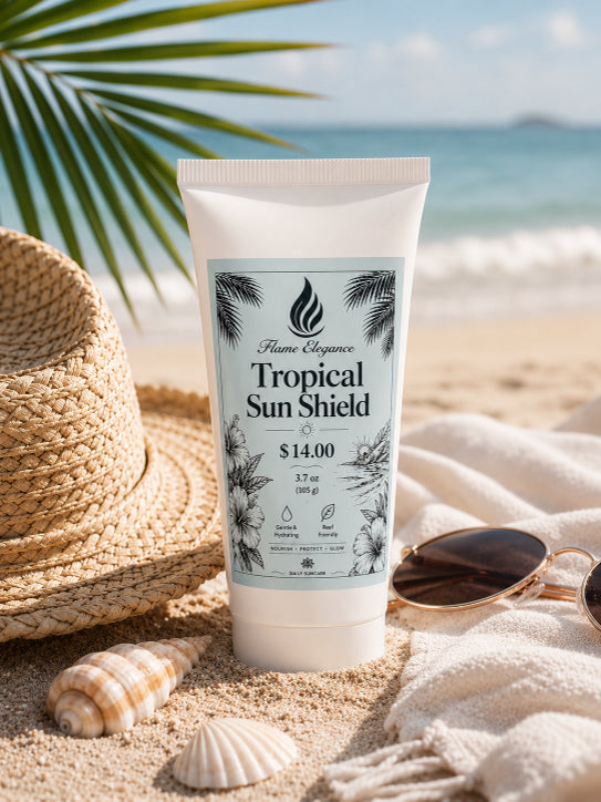 Tube of 'Tropical Sun Shield' sunscreen by Flame Elegance plant based ingredients on sand with beach accessories and palm leaves.