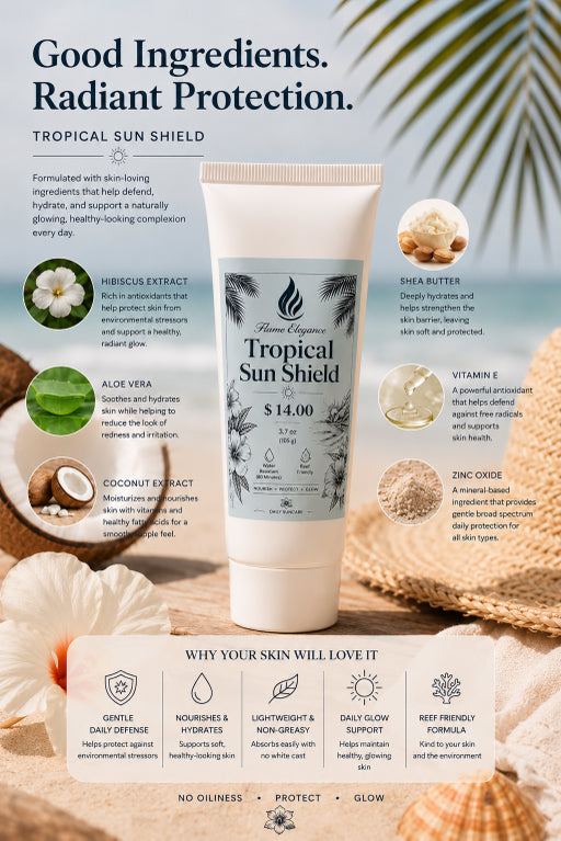 Tropical Sun Shield sunscreen tube with natural ingredients and benefits on a beach-themed background