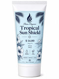 Tropical Sun Shield sunscreen tube with floral design on a white background by flame elegance