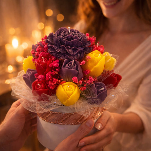 Spring Empress Bouquet scented with Jasmine Sea Flower luxury candle bouquet by Flame Elegance. Woman receiving the bouquet in the image as a gift. 