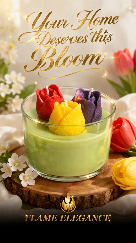 tulip garden with three colorful tulip candles on top of green wax base in glass vessel sitting on top of wood base that says on top of image your home deserves this bloom by flame elegance
