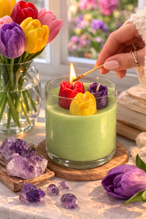 Tulip Garden scented candle with currant blossom fragrance. Three wick candle image shows someone lighting the candle and tulip flowers in the background by Flame Elegance