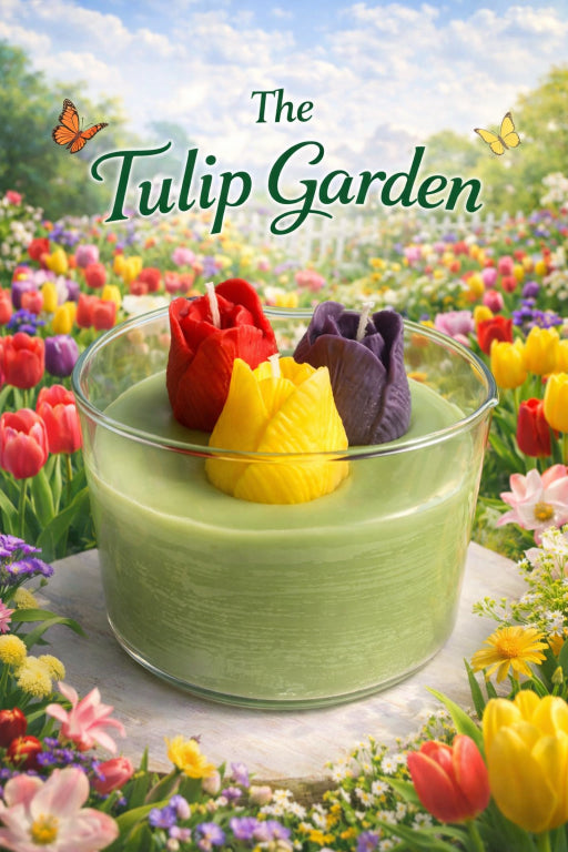 Tulip Garden three wick candle with yellow, pink, and purple tulip shaped candles in green wax base. 
