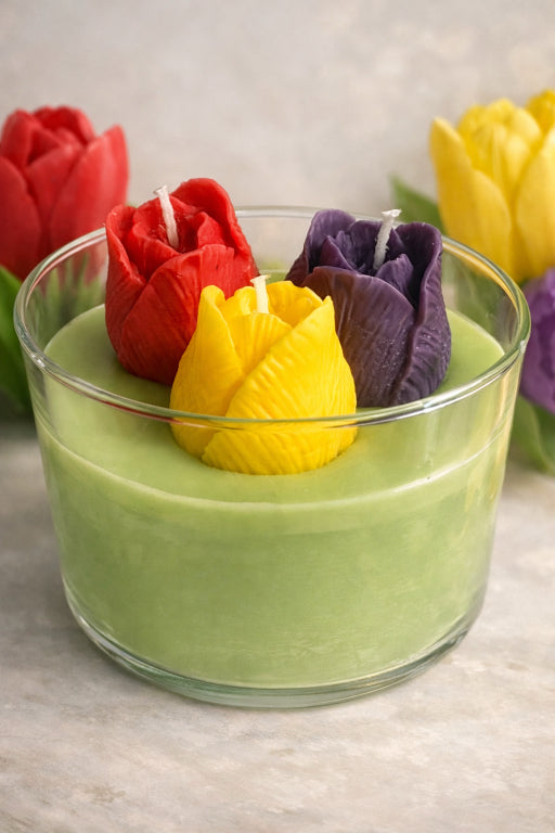 Tulip garden eco-friendly soy wax decorative spring candle with three wicks and three colored sculpted tulip candle accents on top by Flame Elegance