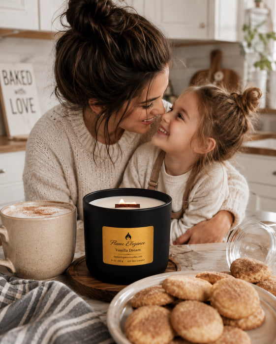 A woman and a young girl smile at each other in a cozy kitchen setting, with a large black scented candle in the foreground featuring a gold label that reads 'Home Fragrance Vanilla Dream.' A mug, cookies, and a striped cloth are also visible on the table.