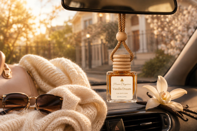 A car air freshener bottle labeled 'Vanilla Dream' by Flame Elegance hangs from a rearview mirror inside a car. The scene is styled with a cream knit sweater, sunglasses, a beige handbag, and a white flower on the dashboard, with a warm sunset view outside the window.