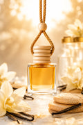 A glass reed diffuser bottle filled with amber liquid, suspended by a braided rope with a wooden bead and round wooden cap. The bottle is styled on a marble surface with white flowers, vanilla beans, and cookies against a warm, glowing bokeh background. Vanilla Dream scent by Flame Elegance