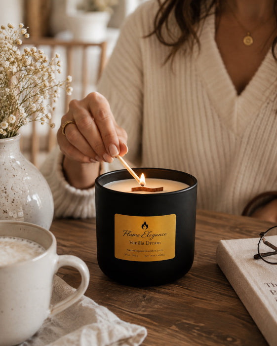 A person in a cream ribbed sweater lights a black scented candle labeled 'Home Elegance Vanilla Dream' with a wooden match. The candle sits on a wooden table in a cozy indoor setting with a mug, vase of baby's breath, and eyeglasses nearby.