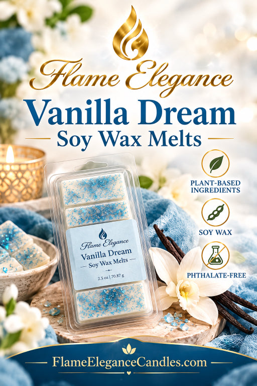 Flame Elegance Vanilla Dream soy wax melts in a clear plastic clamshell package, displayed on a wooden board with blue wax cubes, white flowers, vanilla beans, and a lit candle. The image includes promotional text and icons for plant-based ingredients, soy wax, and phthalate-free quality.