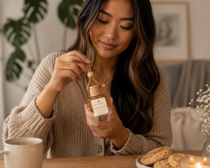 A woman in a beige knit cardigan holds a small glass reed diffuser bottle with a wooden reed and beads, shown in a cozy indoor setting with cookies and a mug on a table.