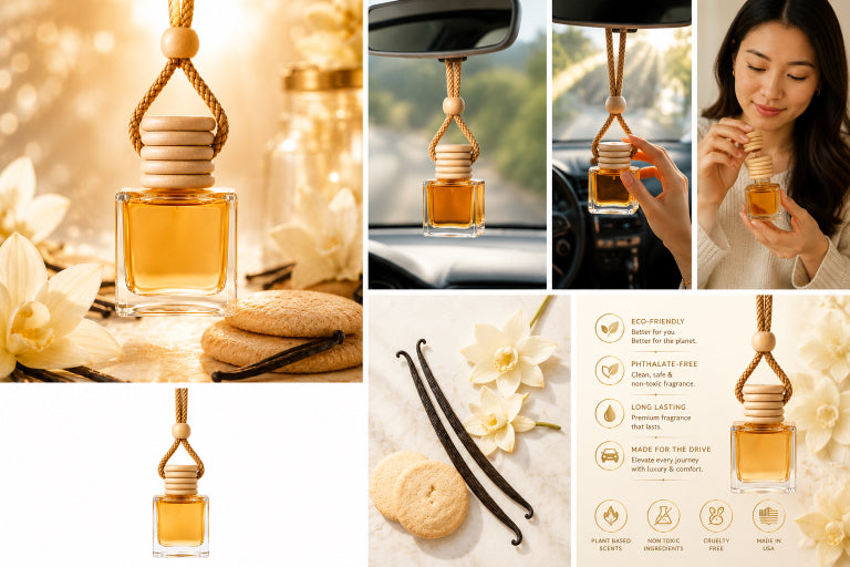 A collage showing a hanging car diffuser bottle with amber liquid and a wooden cap, styled with flowers, cookies, vanilla beans, and a woman holding one of the bottles inside a car. Text on the right highlights eco-friendly and long-lasting features. Vanilla Dream scented car diffuser by Flame Elegance.