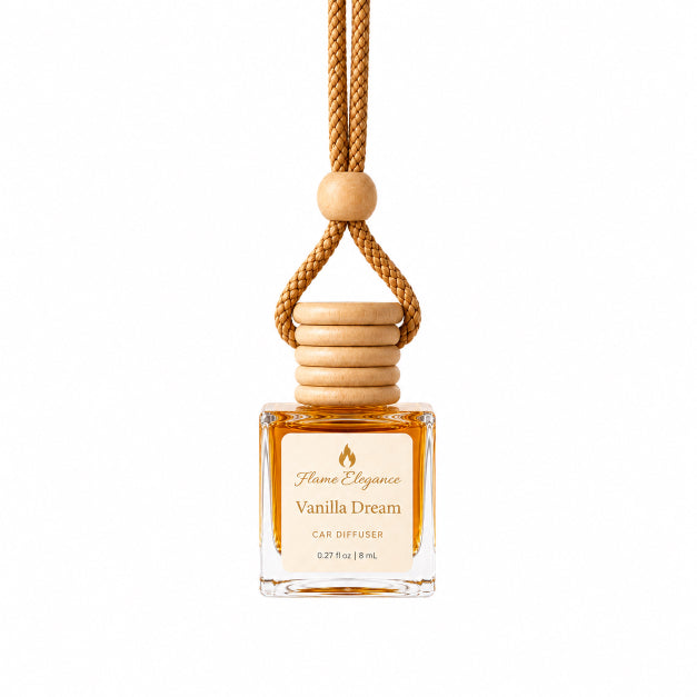 A car diffuser bottle with a woven tan cord and wooden top, labeled 'Flame Elegance Vanilla Dream Car Diffuser' on a white background.
