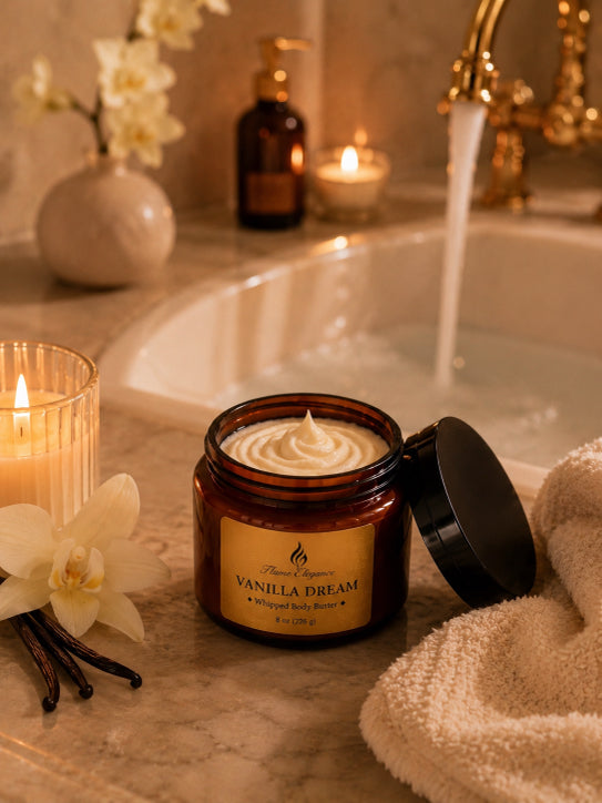 An amber plastic jar candle labeled 'Vanilla Dream' sits on a marble countertop beside a lit candle, white orchid flowers, vanilla beans, a folded cream towel, and a bathroom sink with running water in the background.