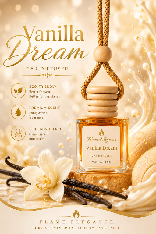 Vanilla Dream car diffuser bottle by Flame Elegance, featuring a clear glass bottle with amber liquid, a light wood cap, and a rope loop, surrounded by vanilla beans, a white orchid, and cream-colored decorative elements on a warm gold background.