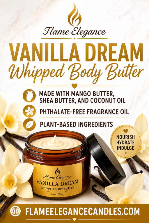 Flame Elegance Vanilla Dream Whipped Body Butter jar shown with a black lid beside it on a cream marble-style background, surrounded by vanilla flowers and beans. Large text highlights ingredients and claims.