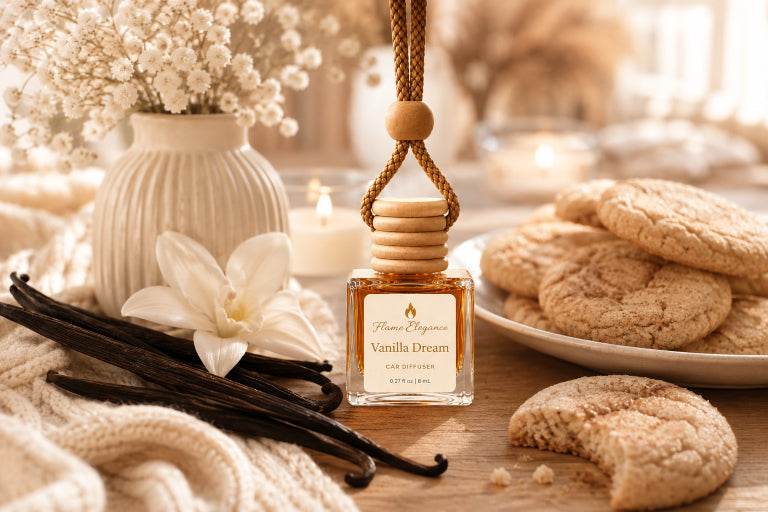 A small glass diffuser bottle labeled 'Flame Elegance Vanilla Dream' stands on a wooden surface, surrounded by vanilla beans, a white flower, a cream knit blanket, cookies on a plate, and a vase of dried flowers in a softly lit indoor setting.