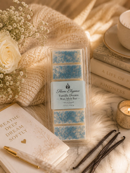 A clear plastic clamshell package of Flame Elegance Vanilla Dream wax melt bars sits on a soft cream knit blanket with decorative props including a white rose, books, a candle, vanilla beans, and a notebook.