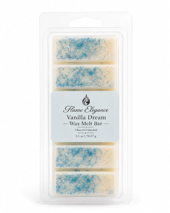 A 5-pack of Flame Elegance Vanilla Dream wax melt bars in a clear plastic clamshell package with a white label, set against a plain white background.