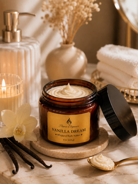 An open amber plastic jar of Vanilla Dream body butter with a black lid leaning beside it, styled on a marble surface with a candle, dried flowers, folded towels, vanilla beans, and a spoonful of cream in a warm spa-like setting by Flame Elegance.