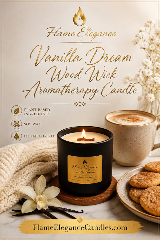 Flame Elegance Vanilla Dream Wood Wick Aromatherapy Candle in a black jar with a gold label, styled on a marble surface with a mug of coffee, cookies, a knit blanket, and vanilla beans.