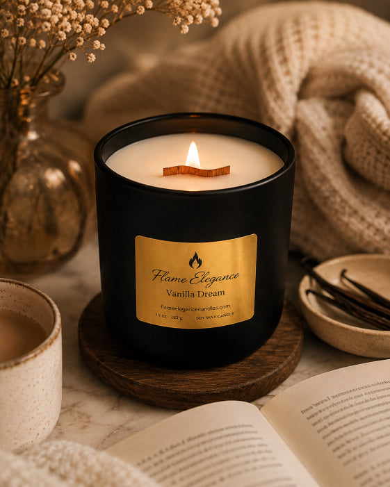 A lit black candle jar with a gold label reading 'Flame Elegance Vanilla Dream' sits on a wooden coaster in a cozy styled setting with a mug, open book, dried flowers, and knitted fabric.