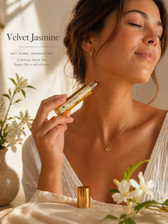 Woman holding a bottle of 'Velvet Jasmine' perfume with jasmine flowers in the background