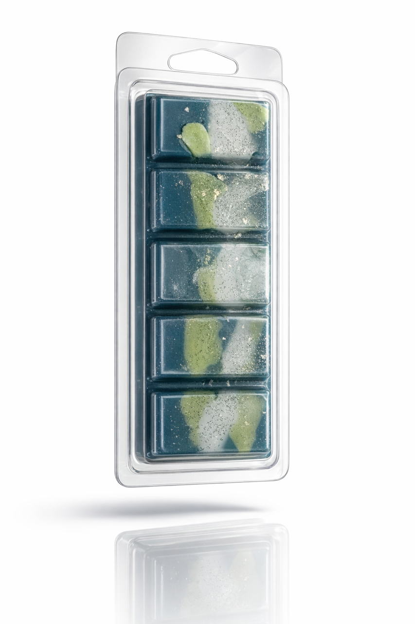 Up close image jasmine sea flower wax melt bar in i'ts clear packaging. 