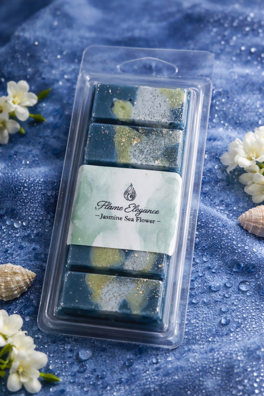 Packaged hand-poured jasmine sea flower wax melt bar inspired by ocean air and soft floral notes
