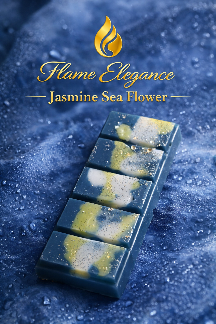 Jasmine Sea Flower wax melt bar with blue and cram marbling and gold shimmer on a coastal background. 