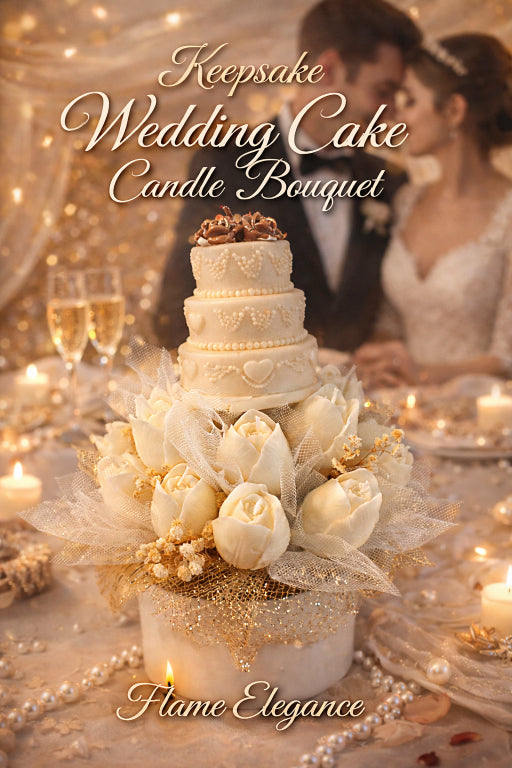 Ivory Luxurious Wedding cake candle bouquet with mesh and adorned in baby's breath and a couple in the background by flame elegance. 