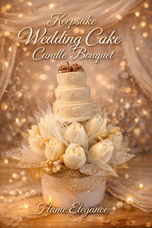Elegant Wedding cake candle bouquet scented with champagne toast and adorned with ivory tulips in a white keepsake box by Flame Elegance