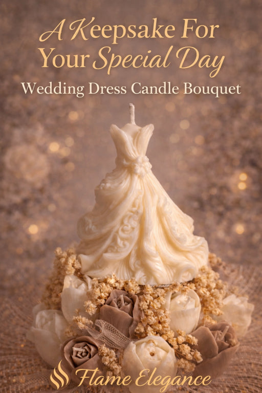 Wedding dress candle bouquet with 'Flame Elegance' branding on a textured background.