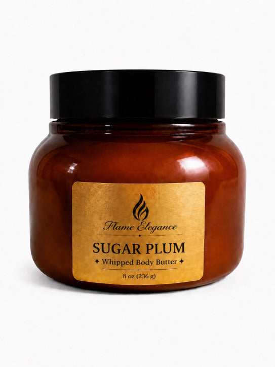 Jar of Sugar Plum luxe whipped body butter with a black lid on a white background by Flame Elegance