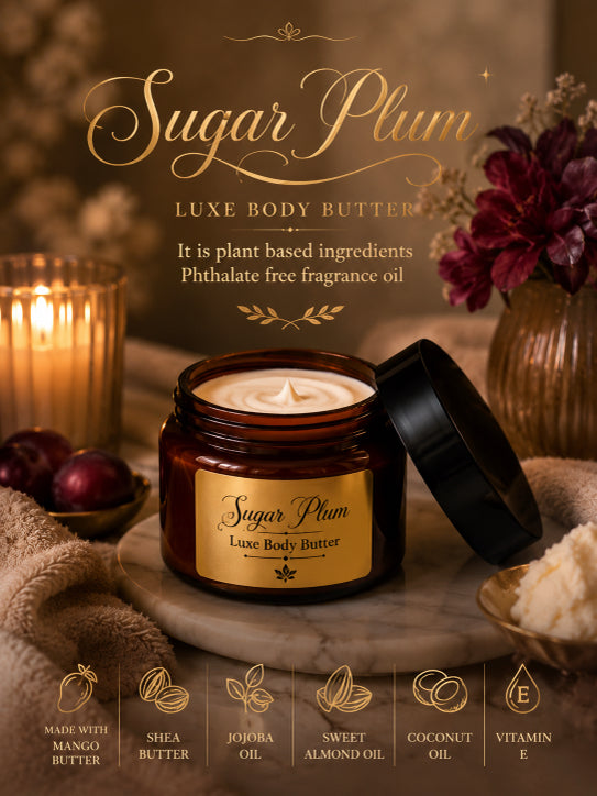 Jar of Sugar Plum Luxe Body Butter with decorative text and ingredients listed, set against a warm, blurred background by Flame Elegance